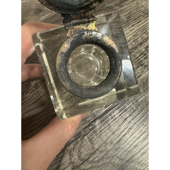 Antique Vintage Crystal Glass Block Ink Well Brass Lid Art Deco Cube Grandpacore - Picture 6 of 13